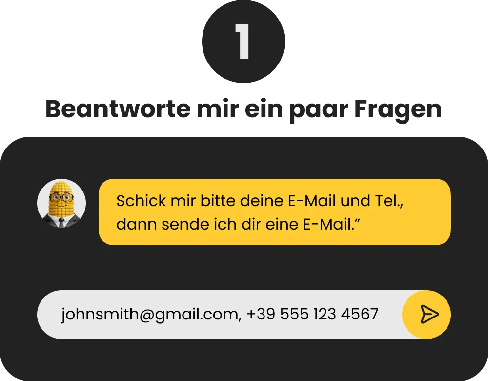 Schritt 1: “Ein Benutzer wird aufgefordert, über LinkedIn seine E-Mail-Adresse und Telefonnummer zu senden, um den Prozess zu starten. Ein LinkedIn-Symbol wird angezeigt, um den Nutzer zur Aktion zu motivieren.”